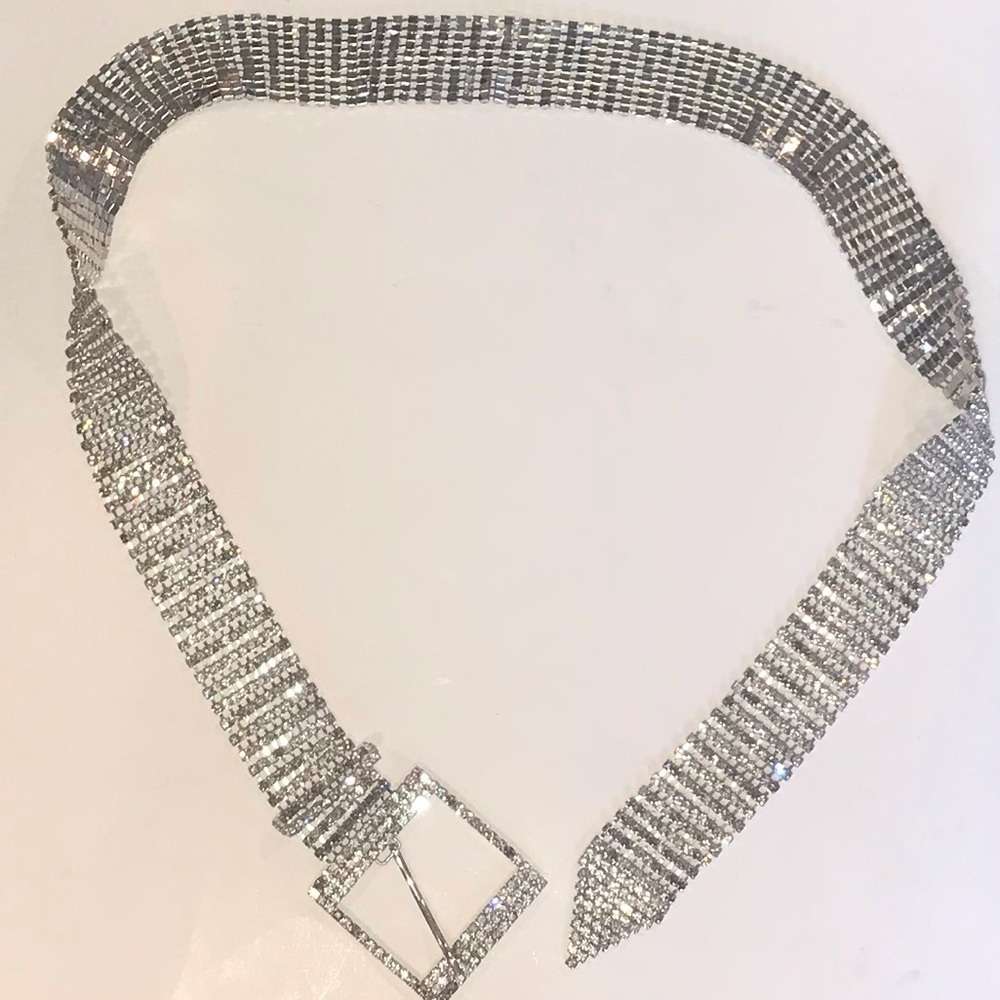 Rhinestone Woman’s Belt Vintage Prong Set Silver Square Buckle Sparkle